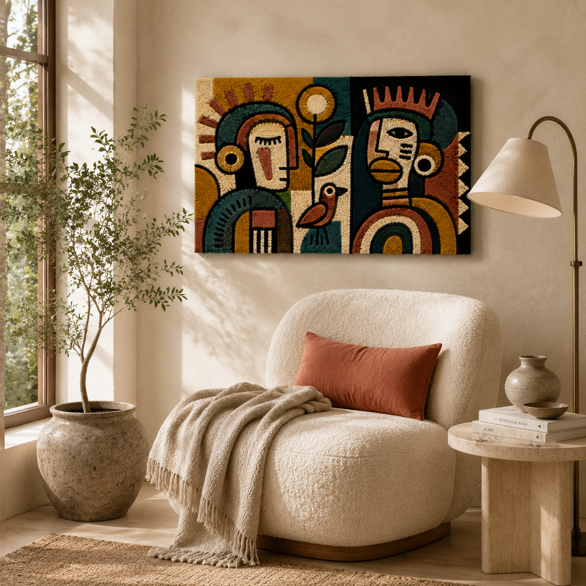 Sunlit Ancestral Faces wall art by Hewn Earth featuring earthy tones and intricate tribal face designs on textured canvas.
