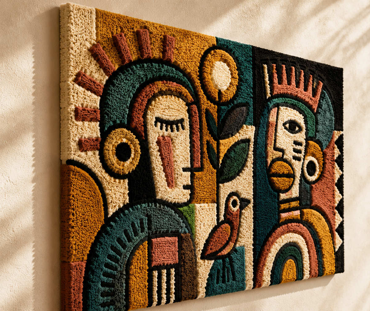 Sunlit Ancestral Faces wall art by Hewn Earth featuring warm-toned tribal face illustrations on textured canvas.
