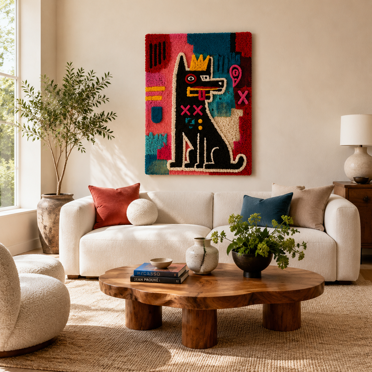 Hewn Earth Signal Cat Totem wall art featuring a colorful cat illustration on a wooden background.