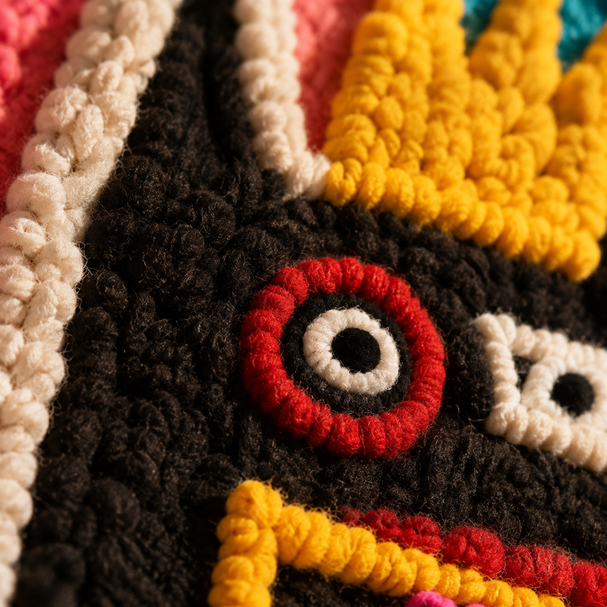 Detailed close-up of Hewn Earth Signal Cat Totem wall art featuring intricate design and textured surface.