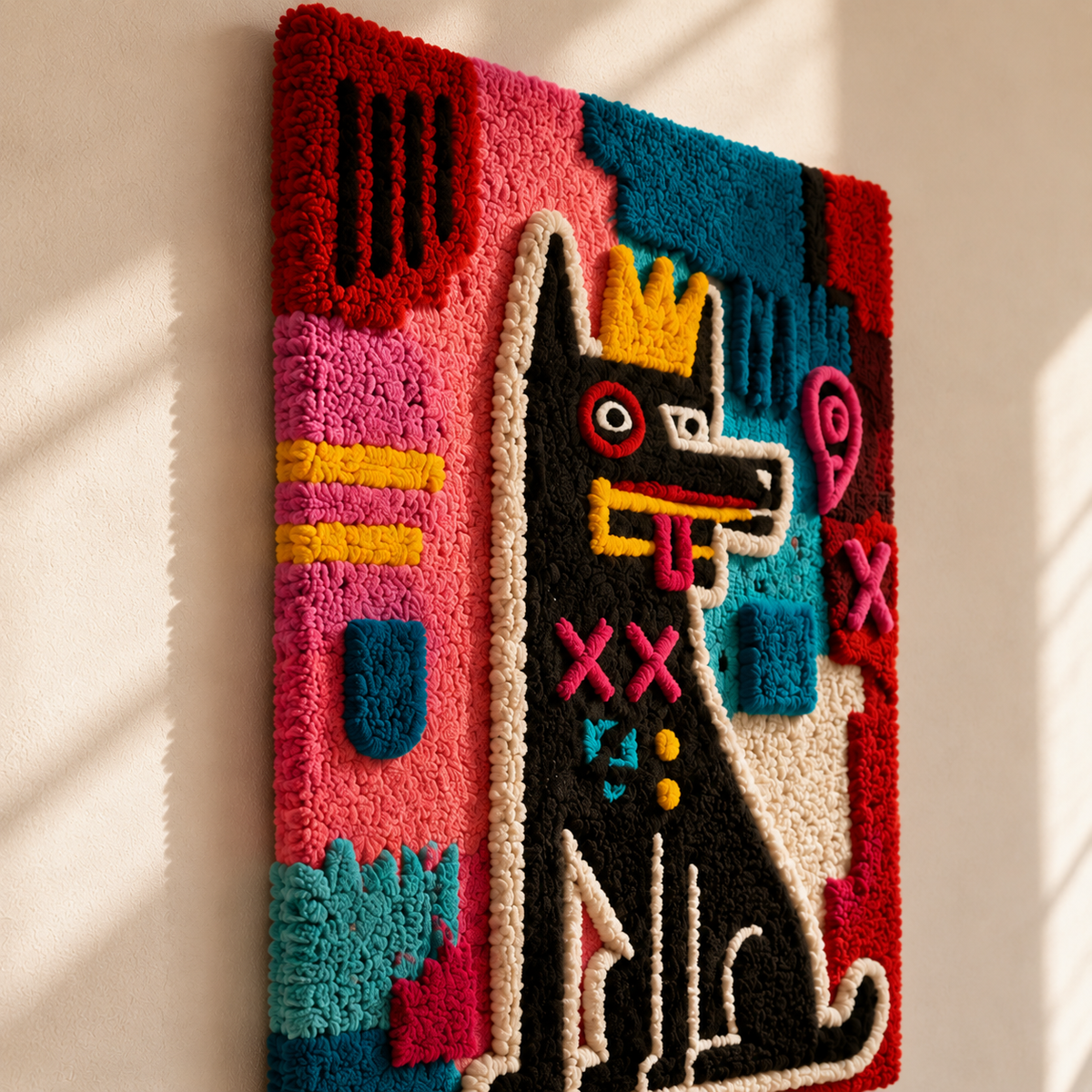 Hewn Earth Signal Cat Totem wall art featuring a colorful, abstract feline design on a textured background.