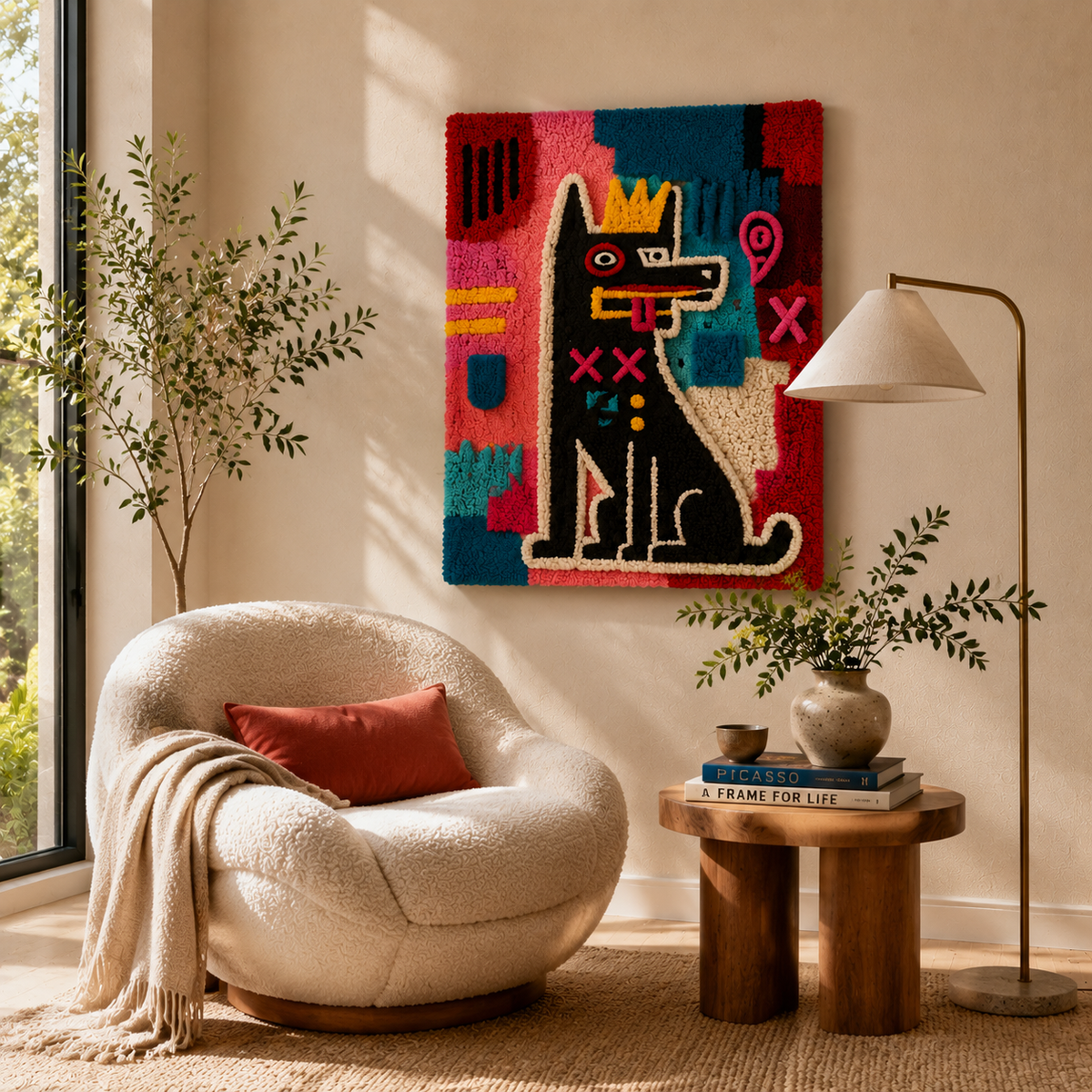 Hewn Earth Signal Cat Totem wall art featuring a detailed, artistic cat design on a textured background.