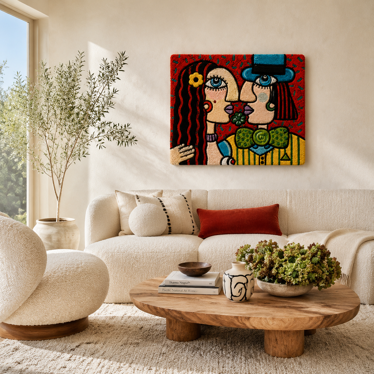 Crimson Twin Muses wall art by Hewn Earth featuring vibrant red and black abstract designs on canvas.