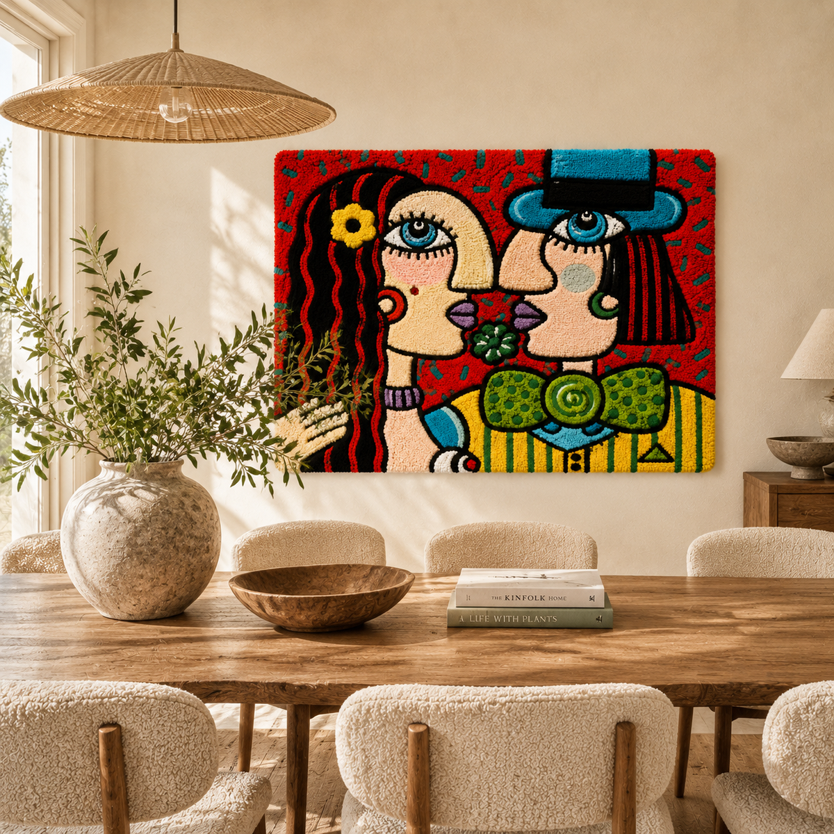 Crimson Twin Muses wall art by Hewn Earth featuring vibrant red abstract design on a canvas.