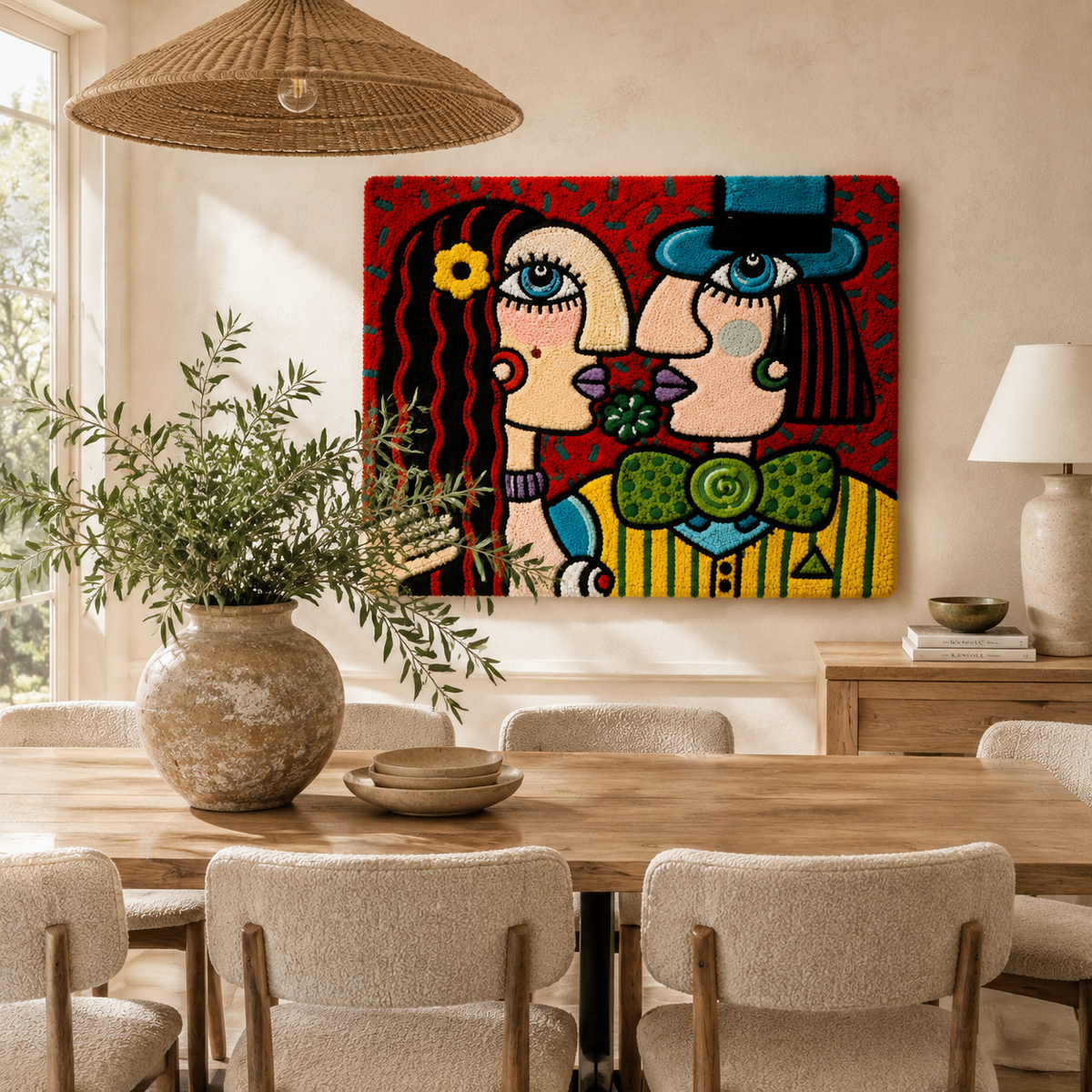 Crimson Twin Muses wall art by Hewn Earth featuring vibrant red and black abstract designs on canvas.