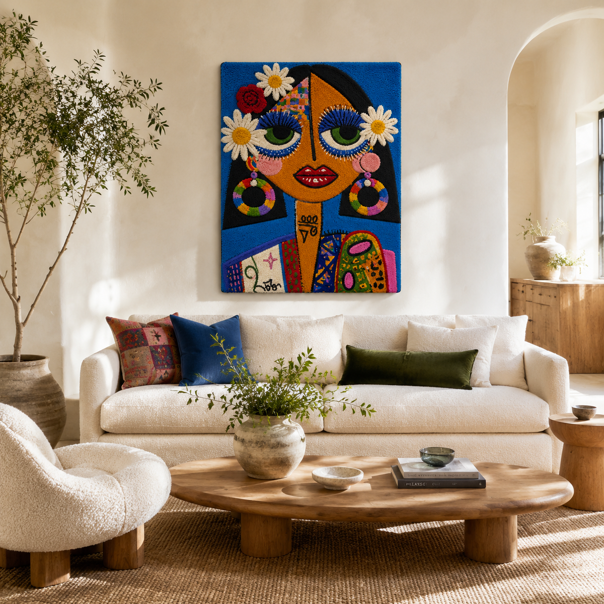 Daisy Moon Portrait wall art by Hewn Earth featuring a serene moon and daisy design on textured canvas background