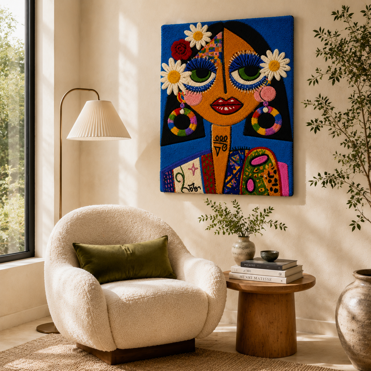 Daisy Moon Portrait wall art by Hewn Earth featuring a dreamy moon surrounded by daisies in soft, artistic style.