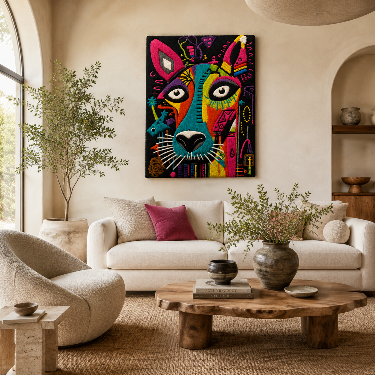 Prismatic Guardian Dogs wall art by Hewn Earth, vibrant geometric design showcasing protective dog figures on display.