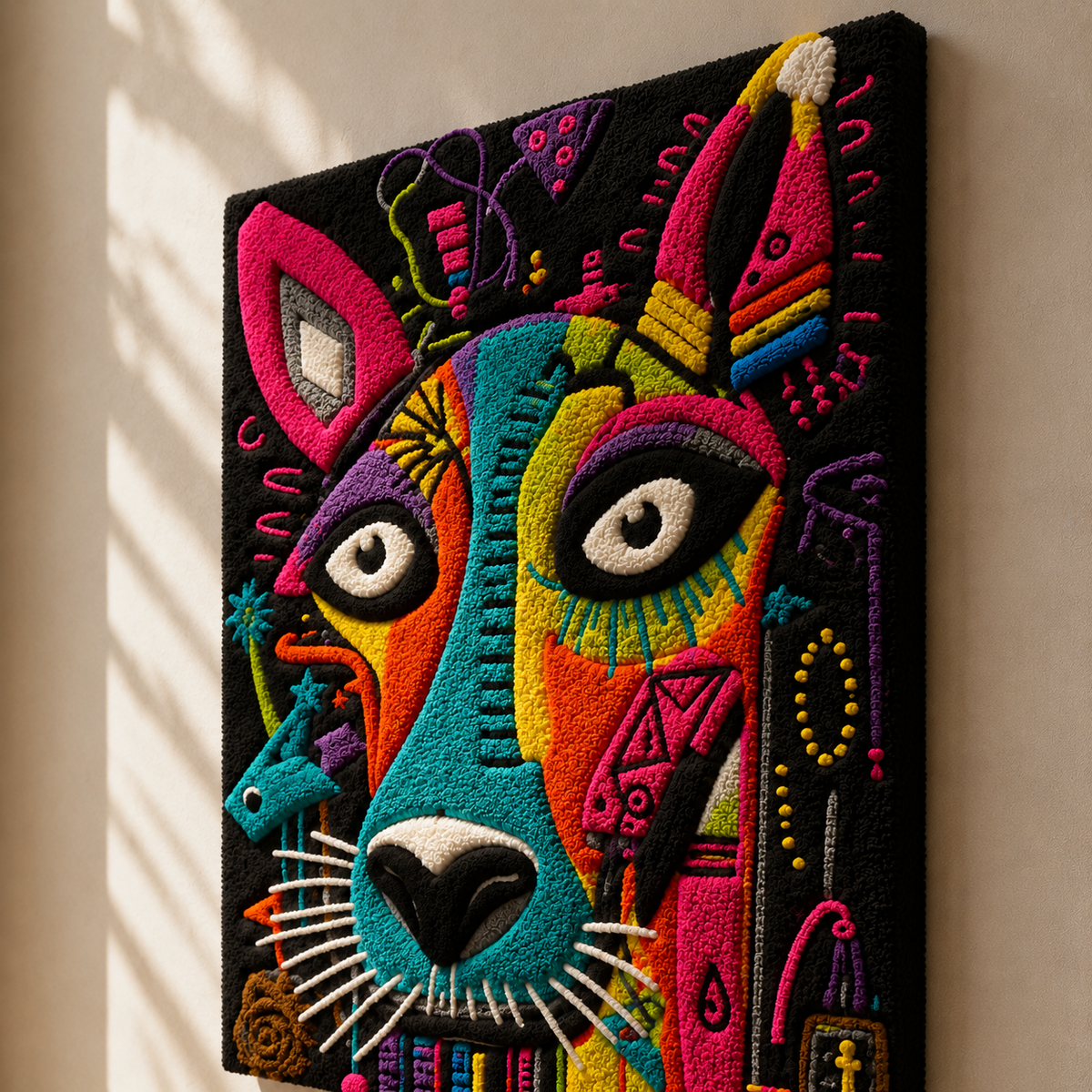 Colorful wall art featuring a prismatic guardian dog design by Hewn Earth, perfect for animal and modern home decor.