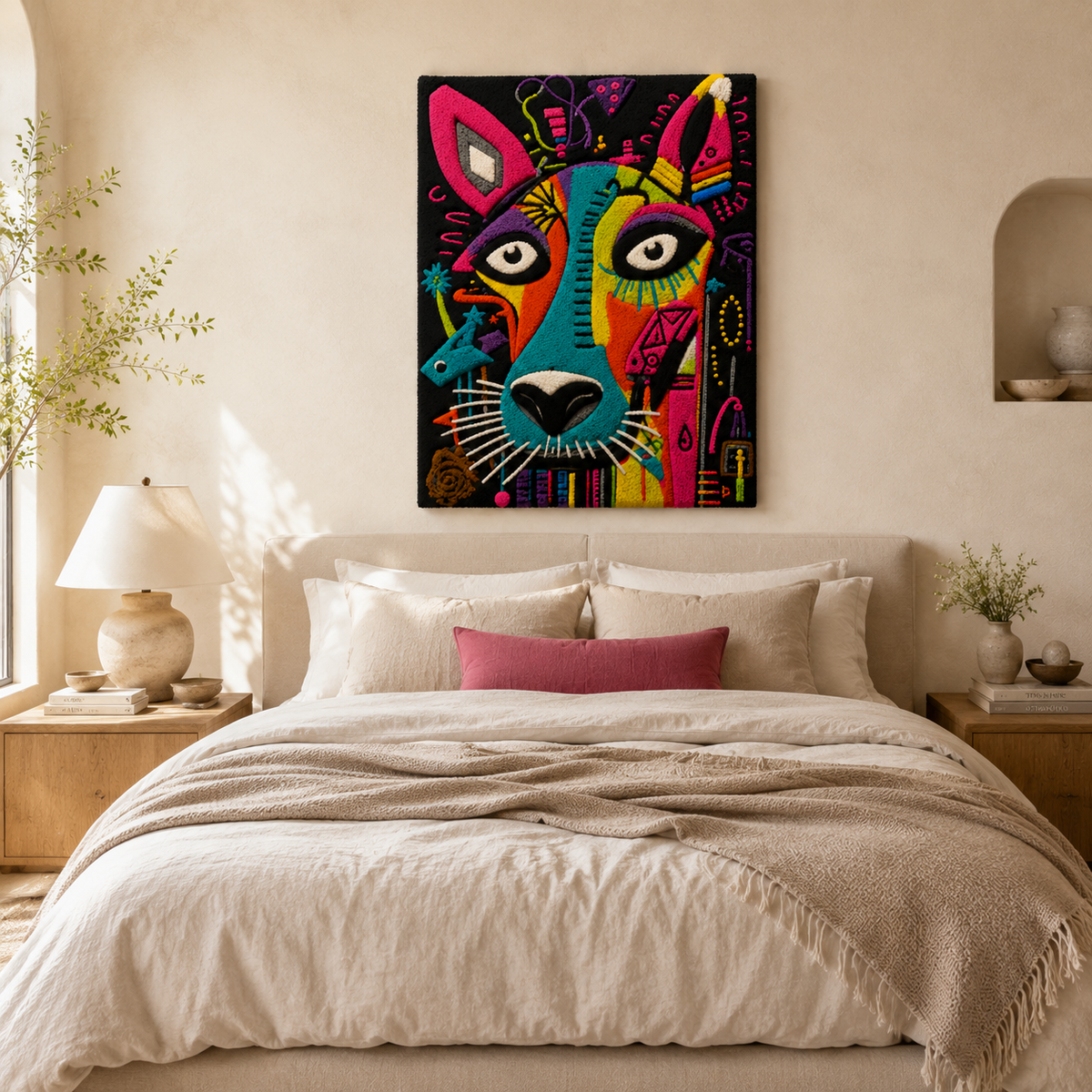 Colorful Prismatic Guardian Dogs wall art by Hewn Earth featuring vibrant geometric dog designs on a neutral background.