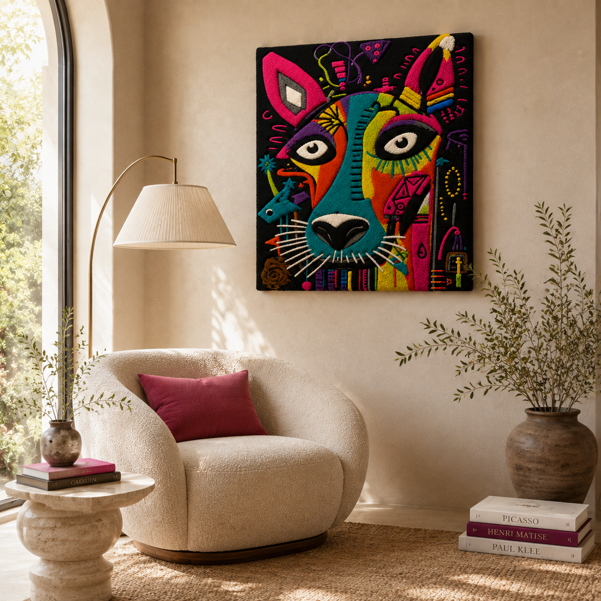 Prismatic Guardian Dogs wall art by Hewn Earth featuring vibrant, geometric dog illustrations on a colorful background.