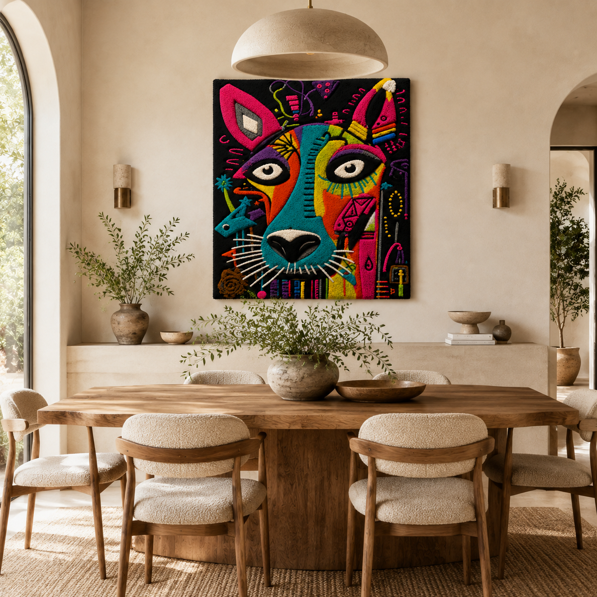 Prismatic Guardian Dogs wall art by Hewn Earth featuring vibrant, geometric dog illustrations on a colorful background.