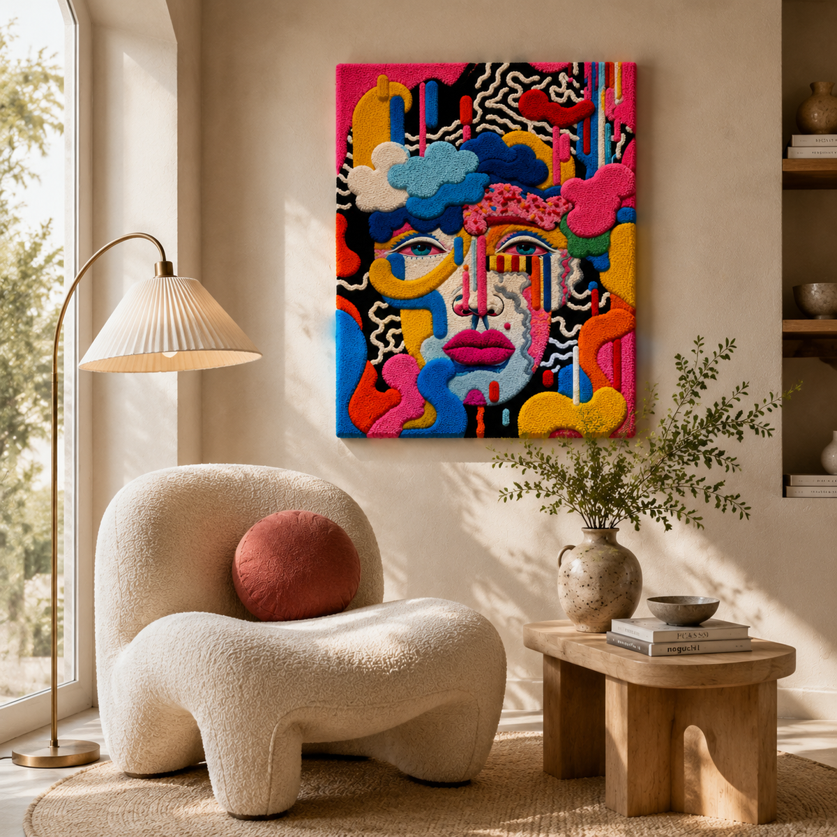 Hewn Earth Electric Reverie wall art featuring abstract electric blue and warm tones displayed on a modern wall.