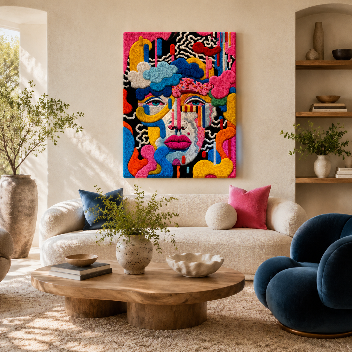 Hewn Earth Electric Reverie face wall art featuring intricate line work and vibrant colors on a canvas background.