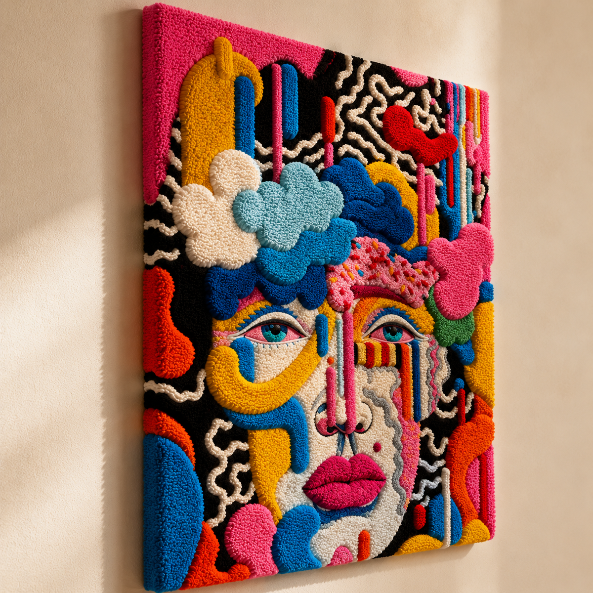 Hewn Earth Electric Reverie face wall art print with vibrant colors and abstract design, suitable for modern home decor.