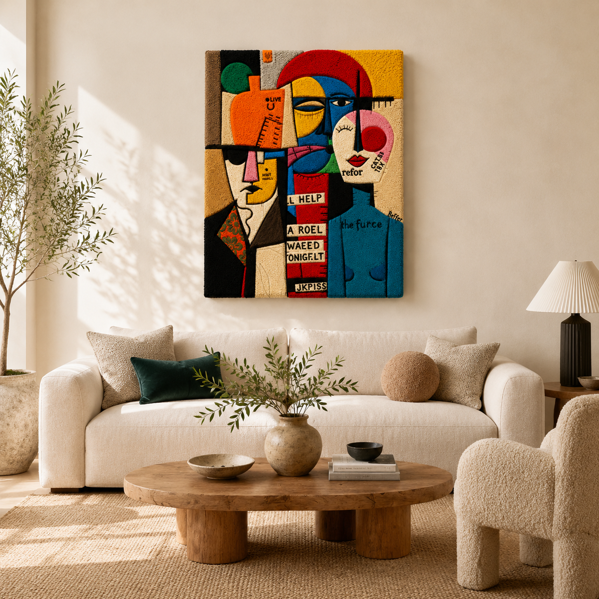 Hewn Earth Bauhaus Messenger wall art hanging on a room wall, featuring geometric patterns and modern design.