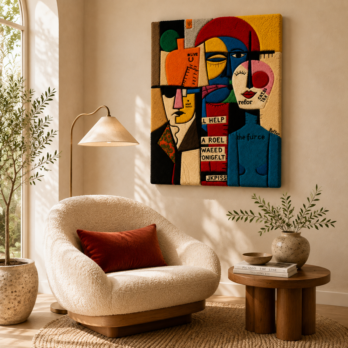 Close-up of Hewn Earth Bauhaus Messenger wall art, showcasing detailed geometric design and textured surface in earthy tones.