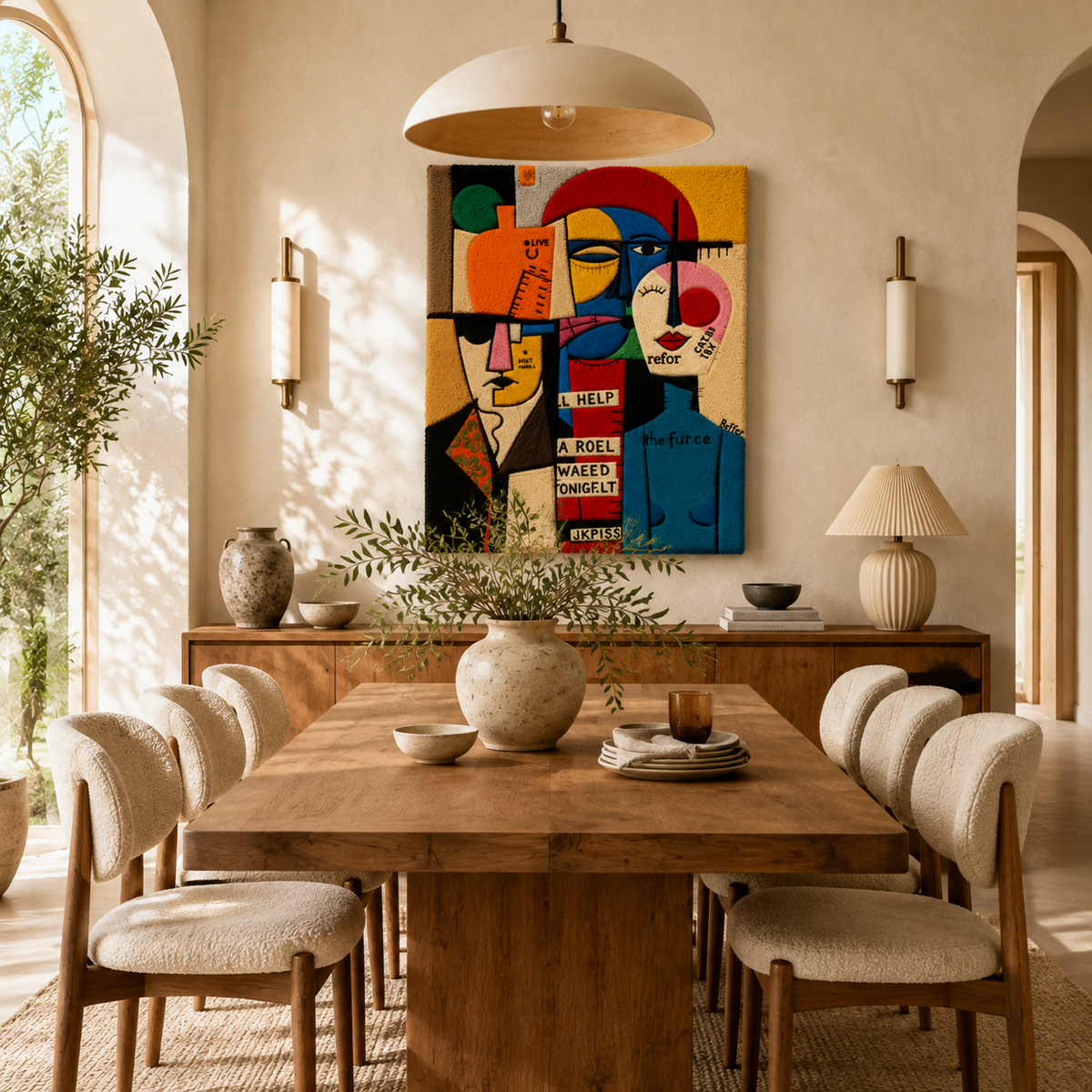 Hewn Earth Bauhaus Messenger wall art featuring geometric shapes and bold colors in a modern, abstract design.