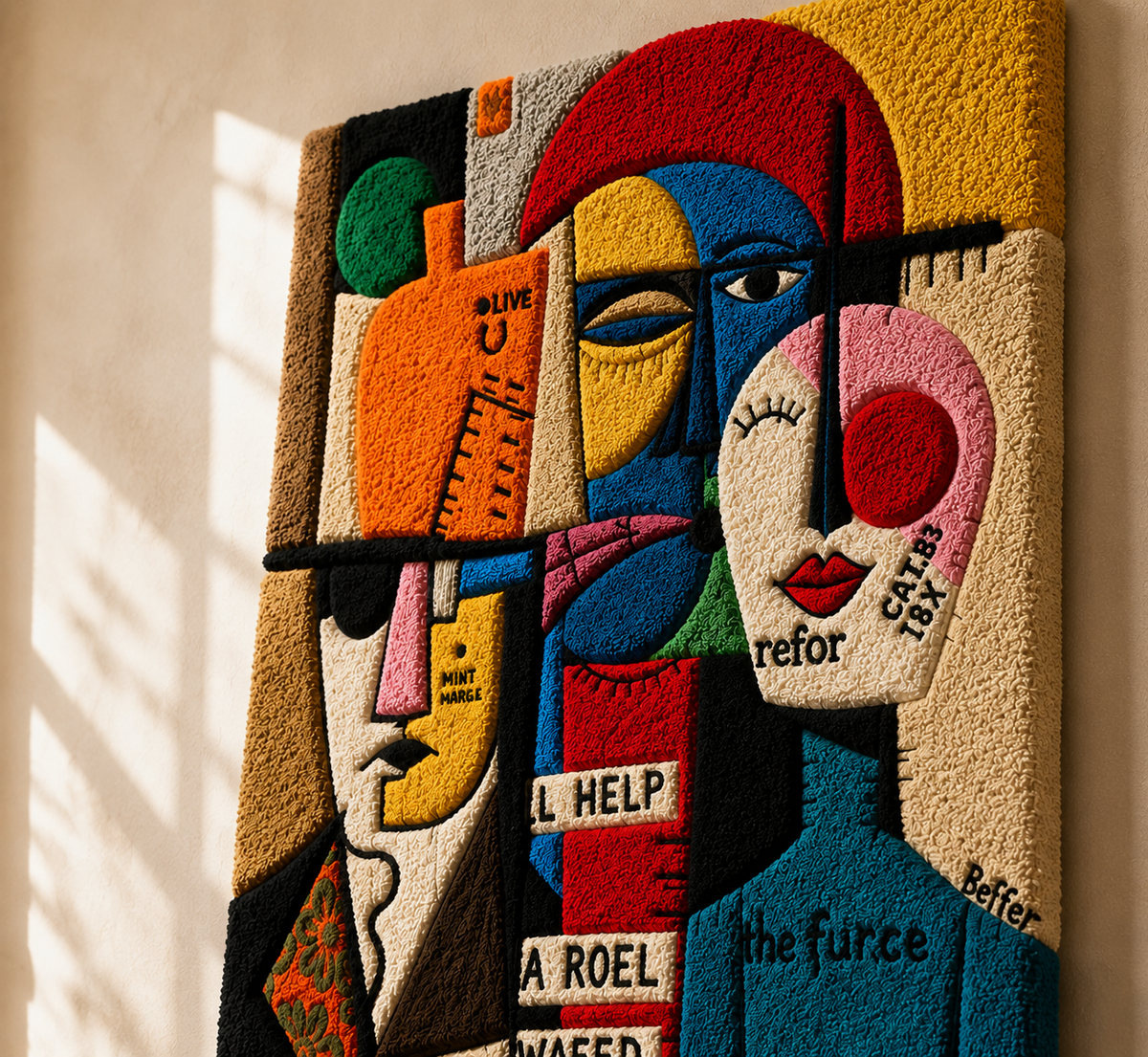 Hewn Earth Bauhaus Messenger wall art featuring geometric shapes and bold colors on a modern background.