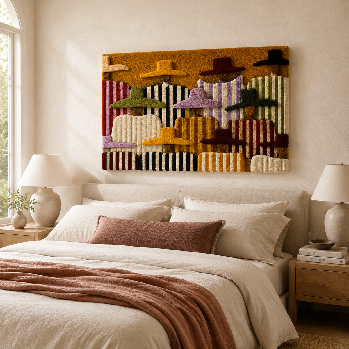 Ochre Rhythm Terrace Hewn Earth wall art featuring abstract ochre-toned geometric design on a textured surface.