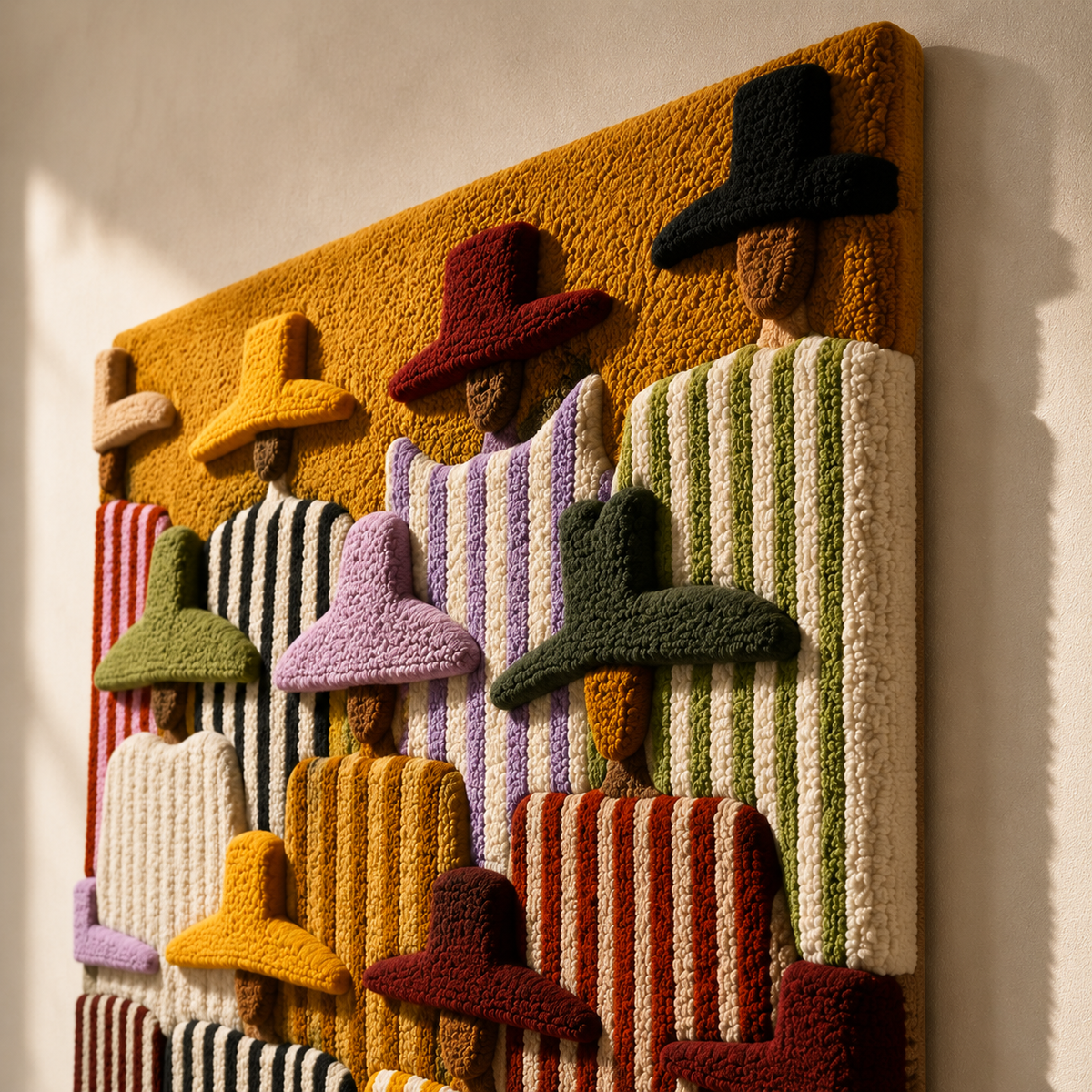 Ochre Rhythm Terrace Hewn Earth wall art featuring abstract geometric patterns in warm ochre tones on a neutral background.