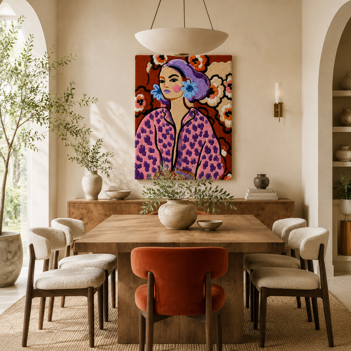 Violet Blossom Muse wall art by Hewn Earth, featuring a vibrant floral design on a wall with natural lighting.