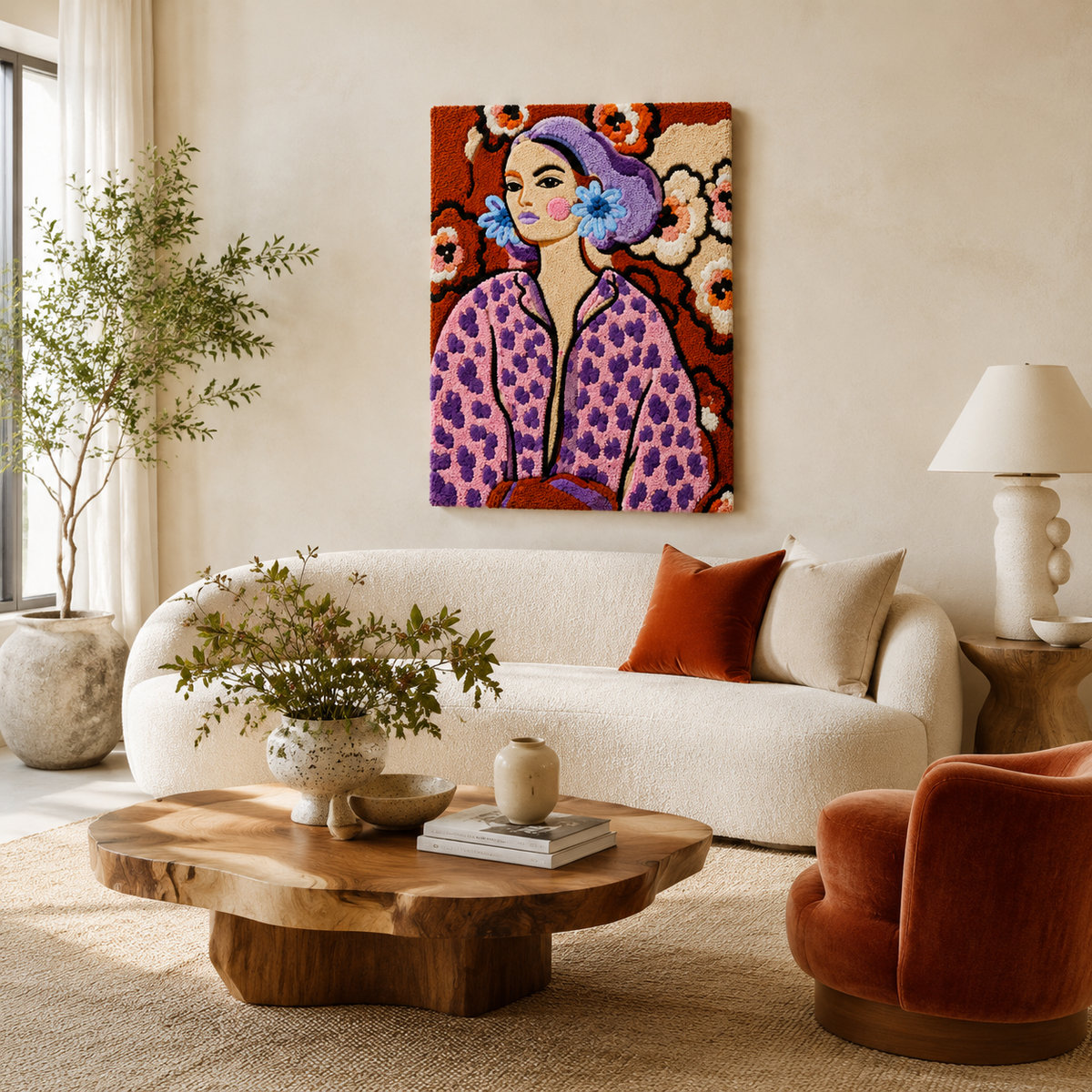 Violet Blossom Muse wall art by Hewn Earth featuring vibrant violet and pink floral design on a canvas.