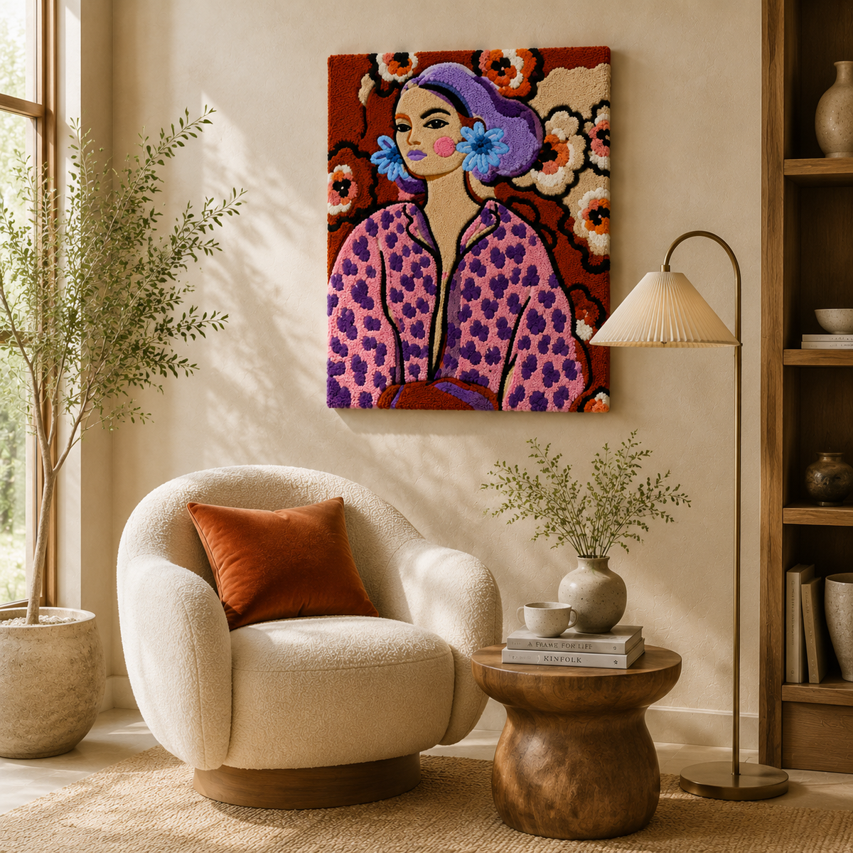 Violet Blossom Muse wall art by Hewn Earth featuring vibrant violet and soft floral designs on a decorative canvas.