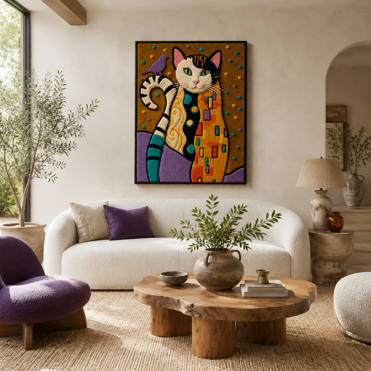 Hewn Earth Gilded Garden Cats wall art featuring elegant gold-toned feline sculptures on a neutral background.