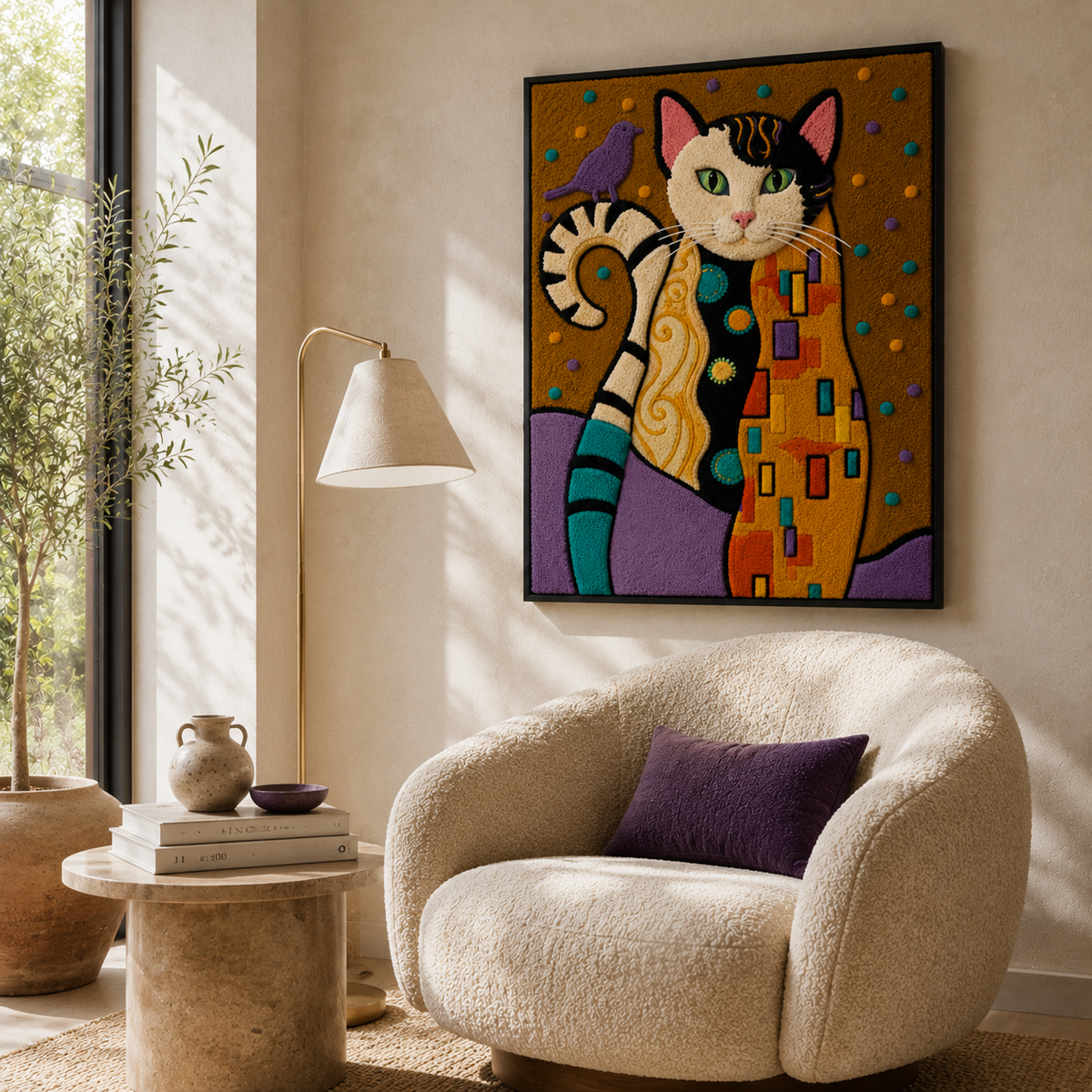 Gilded Garden Cats wall art by Hewn Earth featuring gold-accented feline illustrations on a decorative garden background.