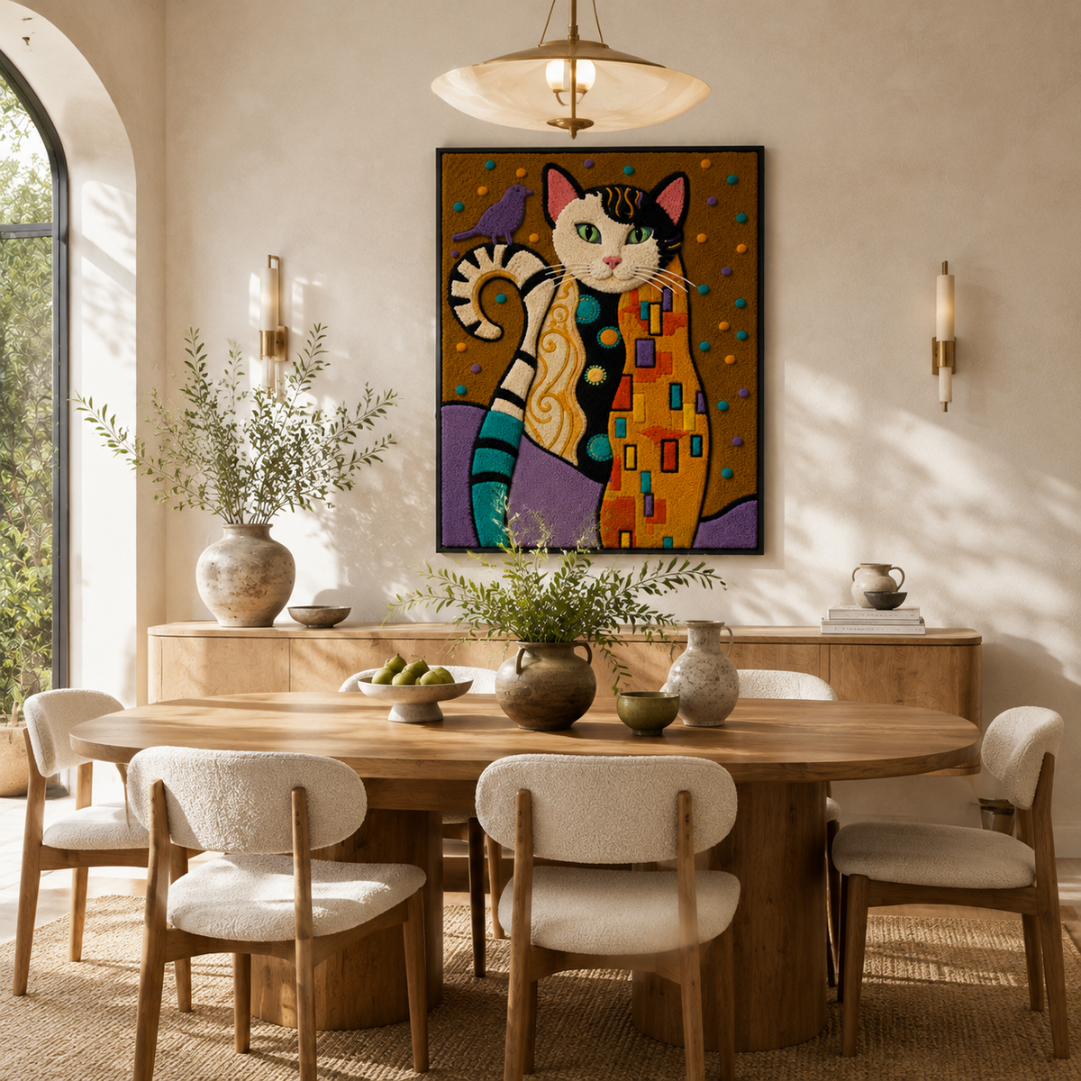 Hewn Earth Gilded Garden Cats wall art featuring detailed gold-embellished feline figures on a decorative background.