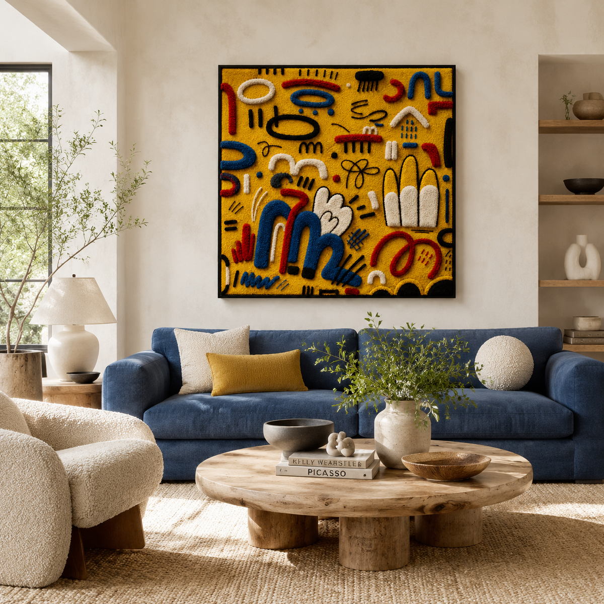 Hewn Earth Sunlit Symbol Field wall art featuring a vibrant, abstract design displayed on a modern room wall.