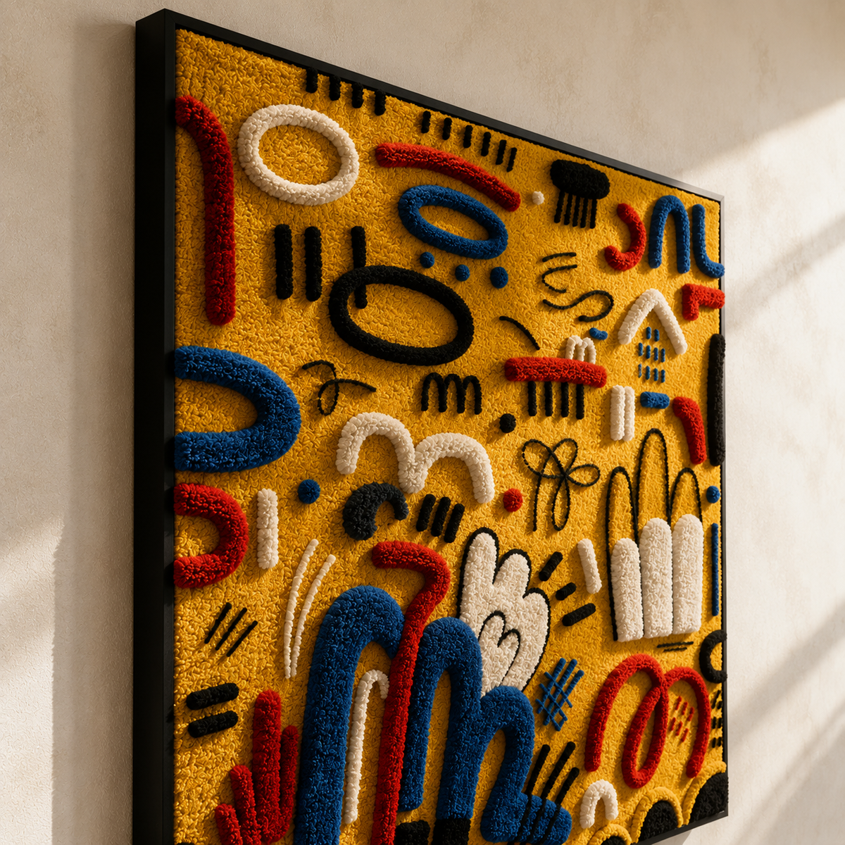 Hewn Earth Sunlit Symbol Field wall art featuring a vibrant, abstract design with warm sunlit tones on a canvas.