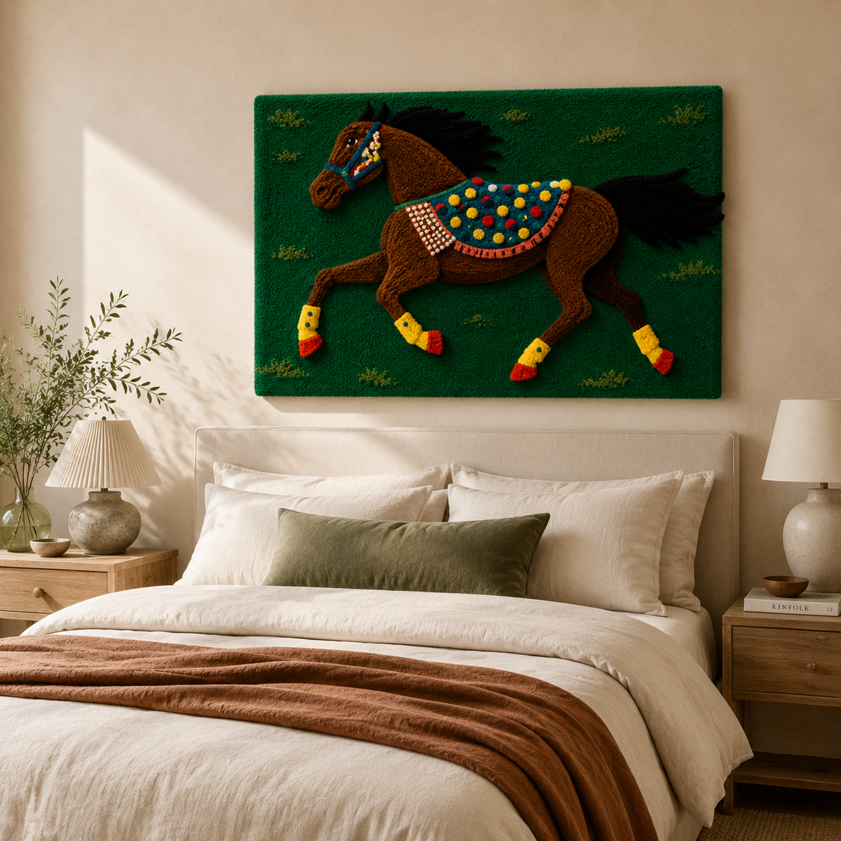 Emerald Gallop wall art by Hewn Earth featuring a vibrant, abstract horse design displayed in a modern room setting.