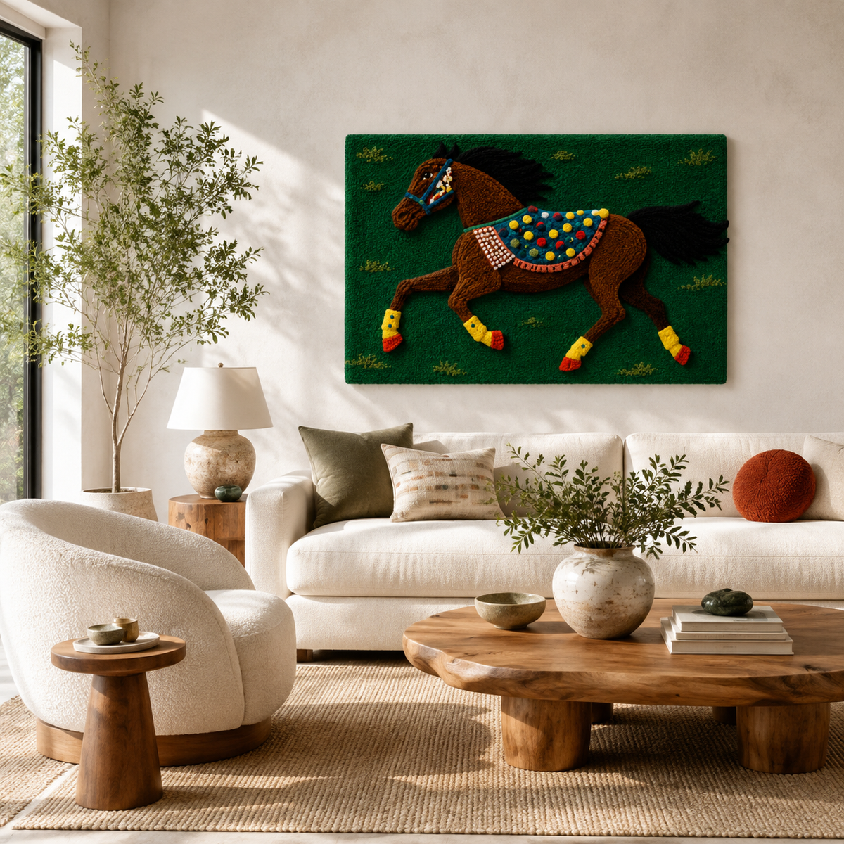 Emerald Gallop wall art by Hewn Earth featuring vibrant green and black abstract horse design on a white background.