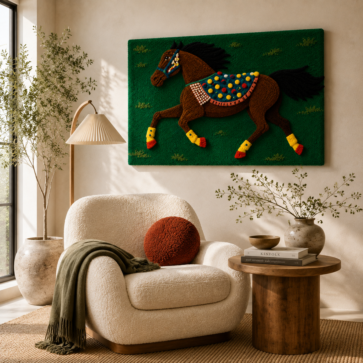 Emerald Gallop wall art by Hewn Earth featuring a vibrant green horse silhouette on a textured background.