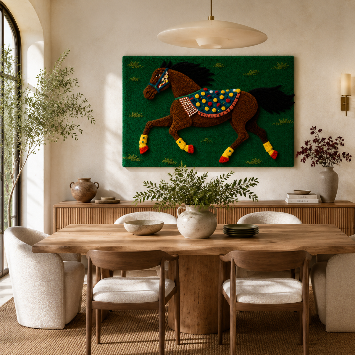 Hewn Earth Emerald Gallop wall art featuring vibrant green and earthy tones, showcasing a dynamic horse silhouette on textured canvas.