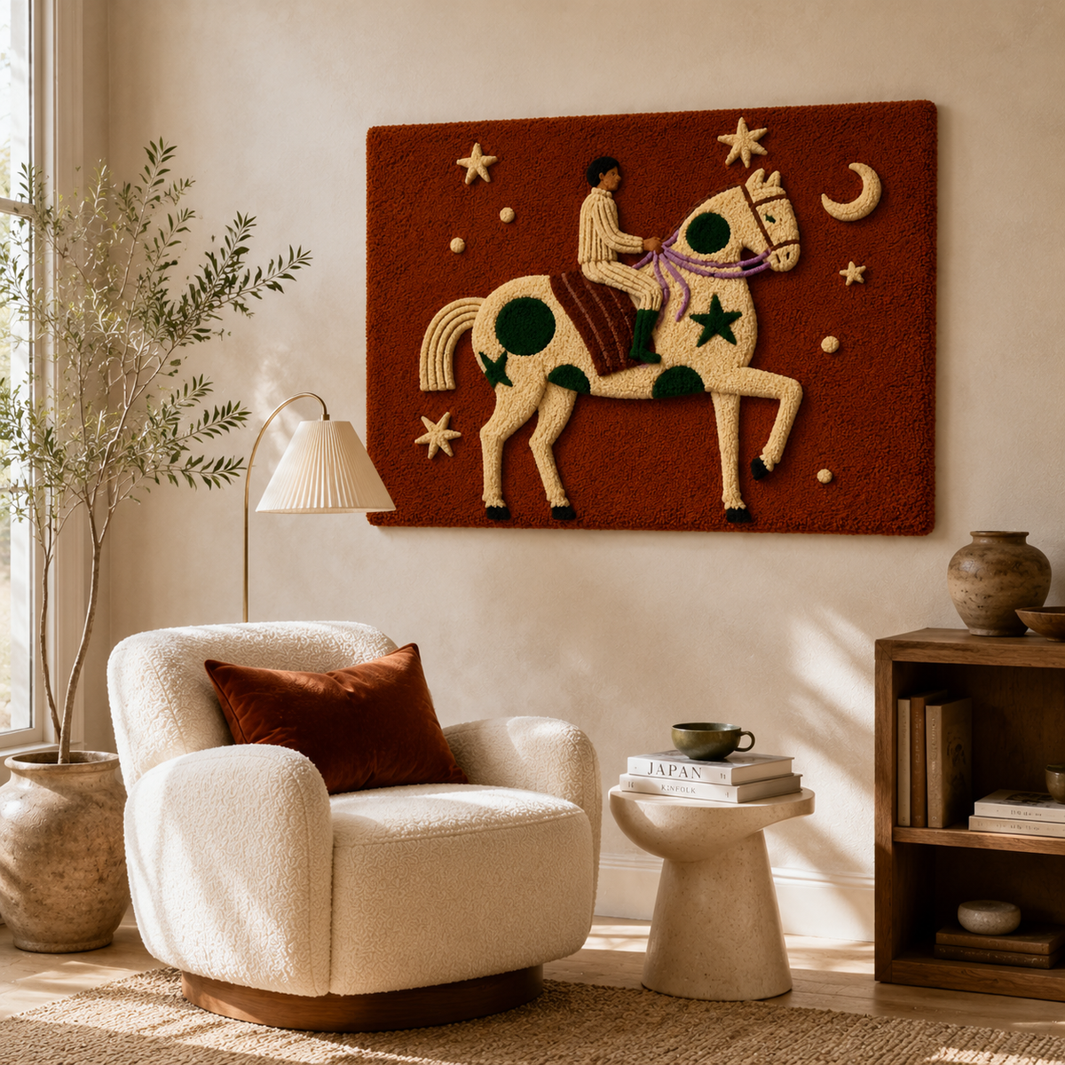 Hewn Earth Starlit Rider wall art featuring a celestial-themed design, ideal for adding ambiance to a room.