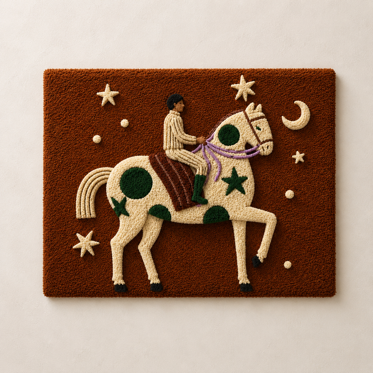 Hewn Earth Starlit Rider wall art featuring a serene figure riding under a starry night sky, mounted on a wall.