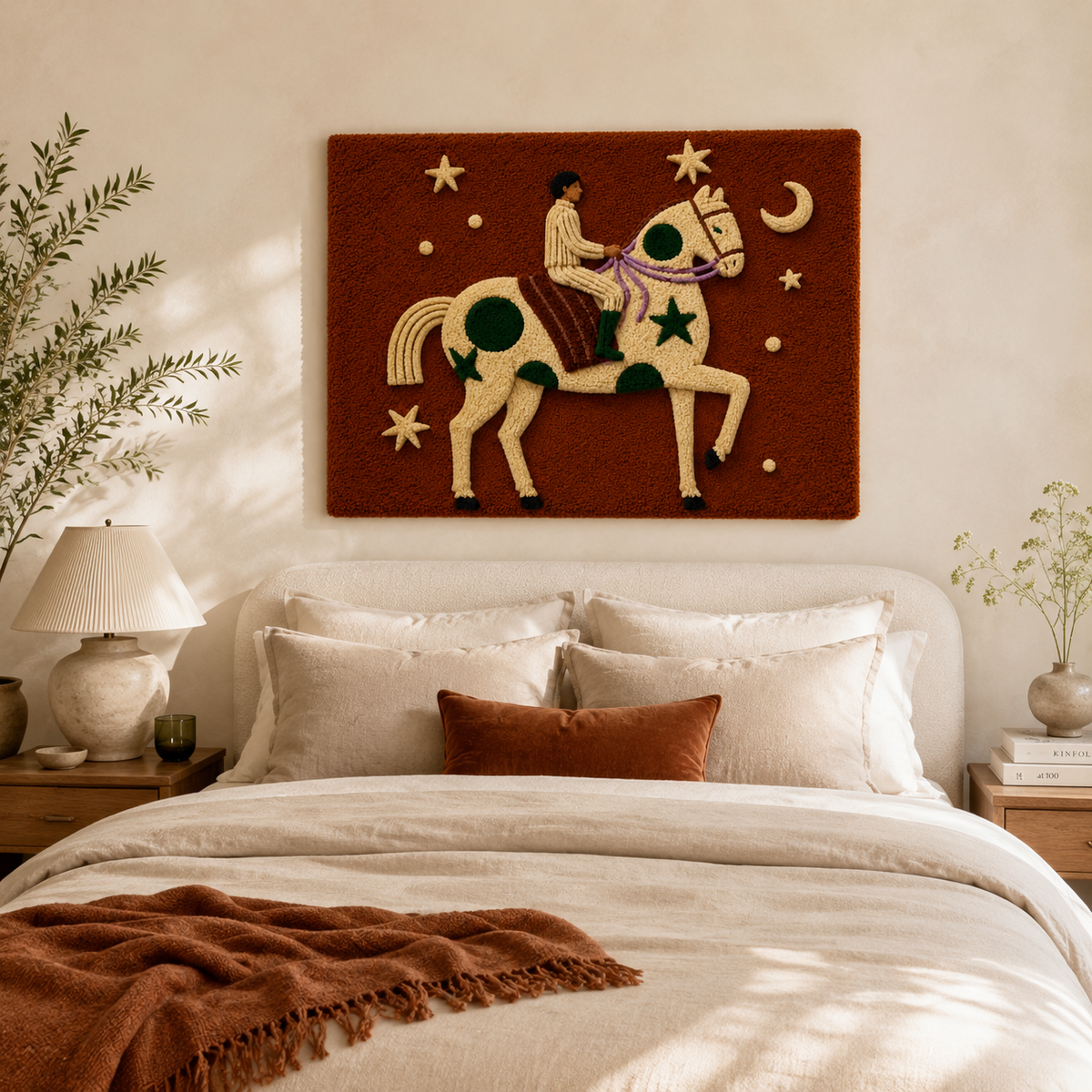 Hewn Earth Starlit Rider wall art featuring a celestial-themed night scene with luminous stars and a rider silhouette.