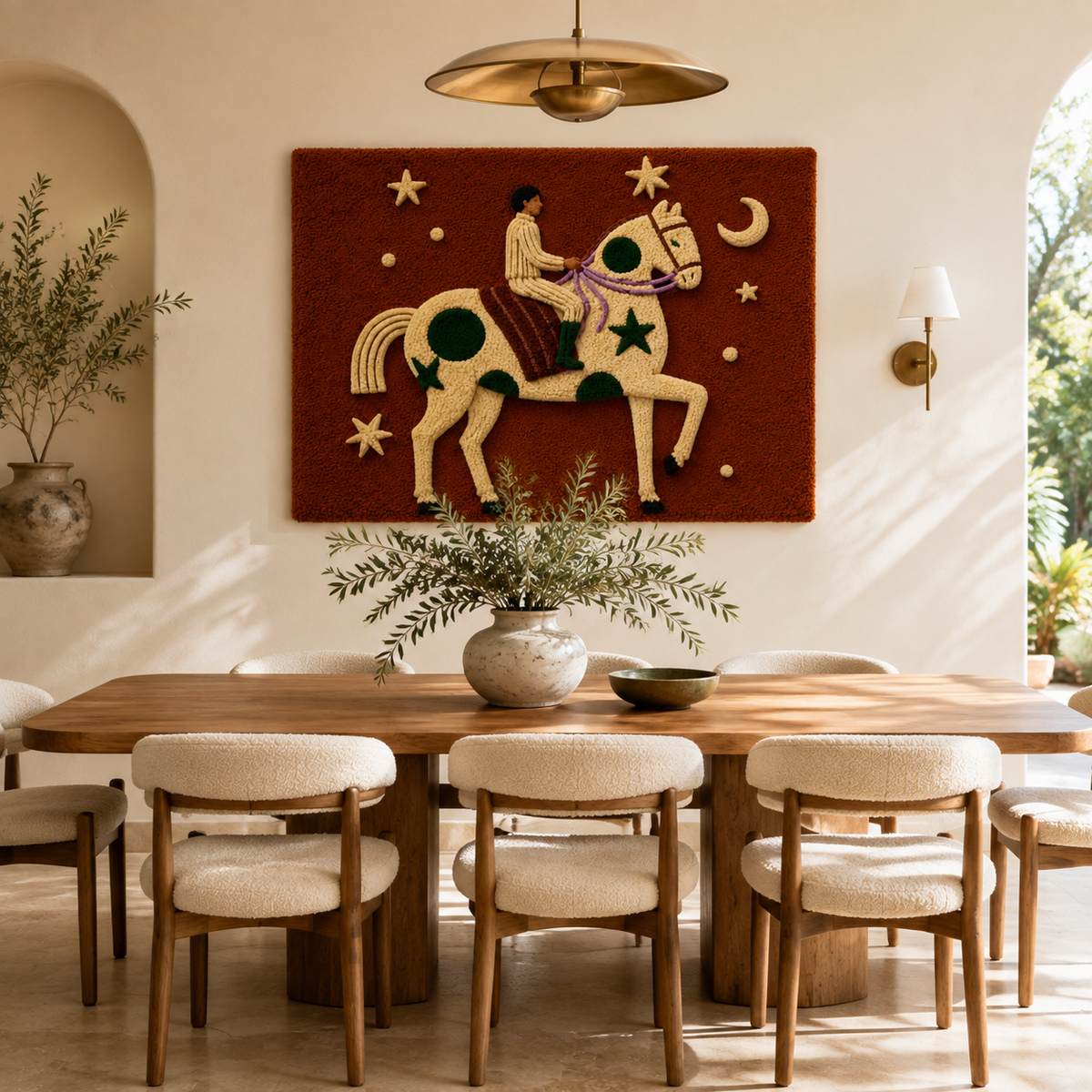 Hewn Earth Starlit Rider wall art featuring a celestial horse design on a dark background for home decor.