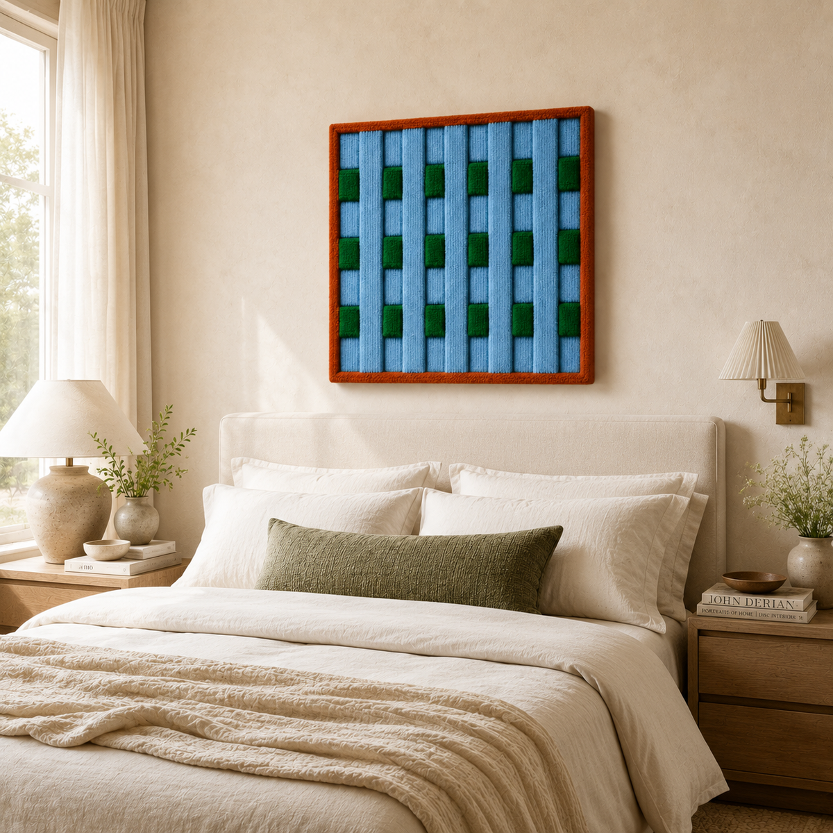 Hewn Earth Meadow Grid wall art featuring a geometric pattern with earthy tones, perfect for modern home decor.
