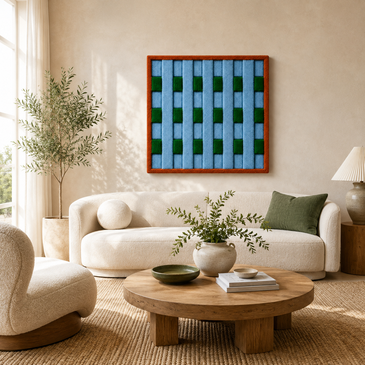 Hewn Earth Meadow Grid wall art featuring a geometric pattern with earthy tones and natural textures for modern home decor