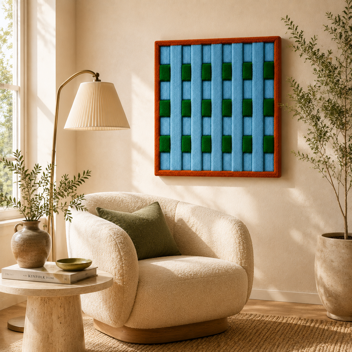 Hewn Earth Meadow Grid wall art featuring a geometric pattern with earthy tones, suitable for modern home decor.