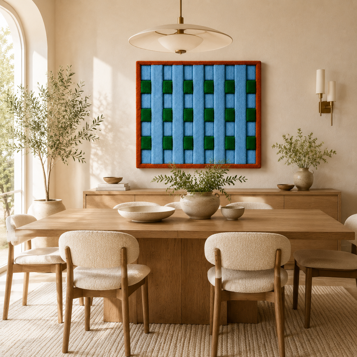 Hewn Earth Meadow Grid wall art featuring a geometric pattern with earthy tones, suitable for modern interior decor.