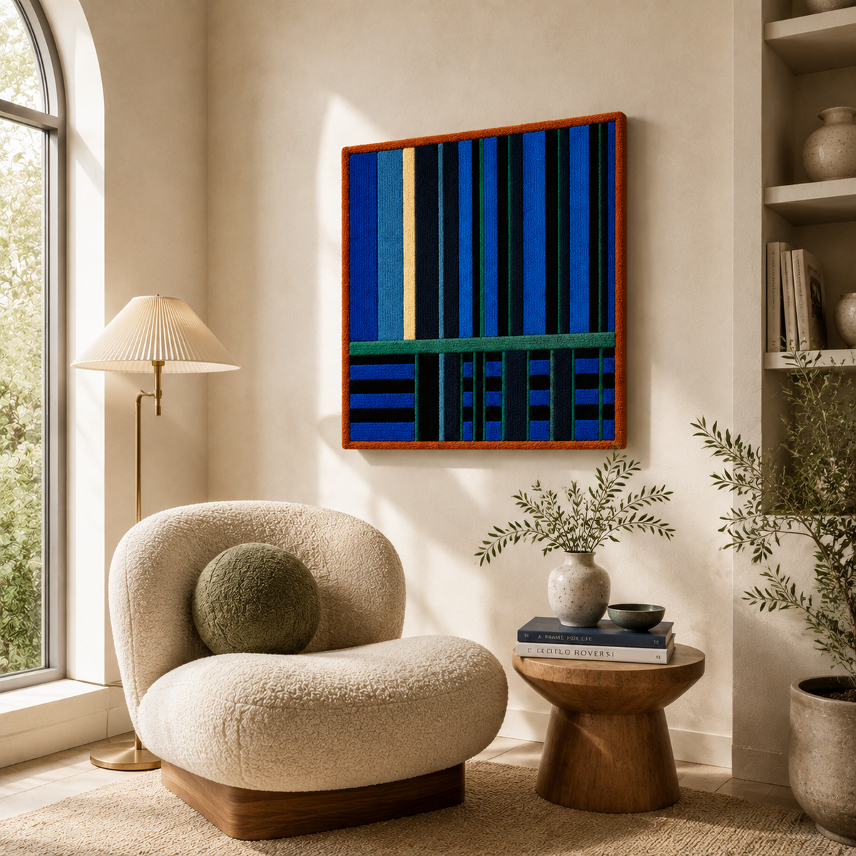 Hewn Earth Blue Column Nocturne wall art featuring abstract blue and white vertical design on a plain background.