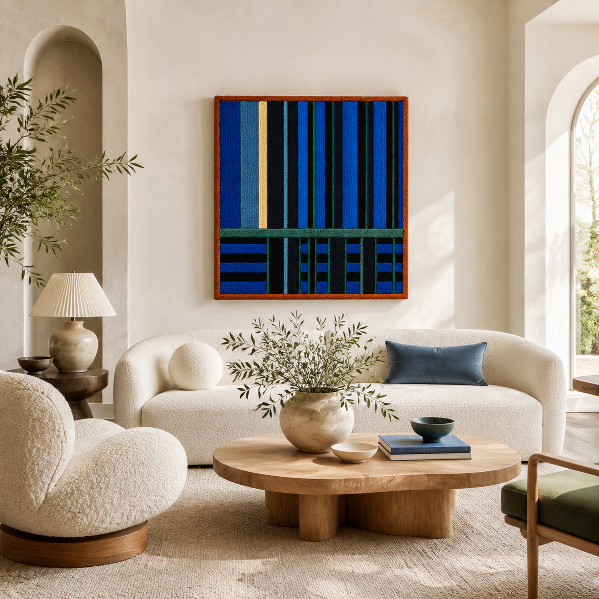 Blue Column Nocturne wall art by Hewn Earth featuring abstract blue and black vertical shapes on a textured background.
