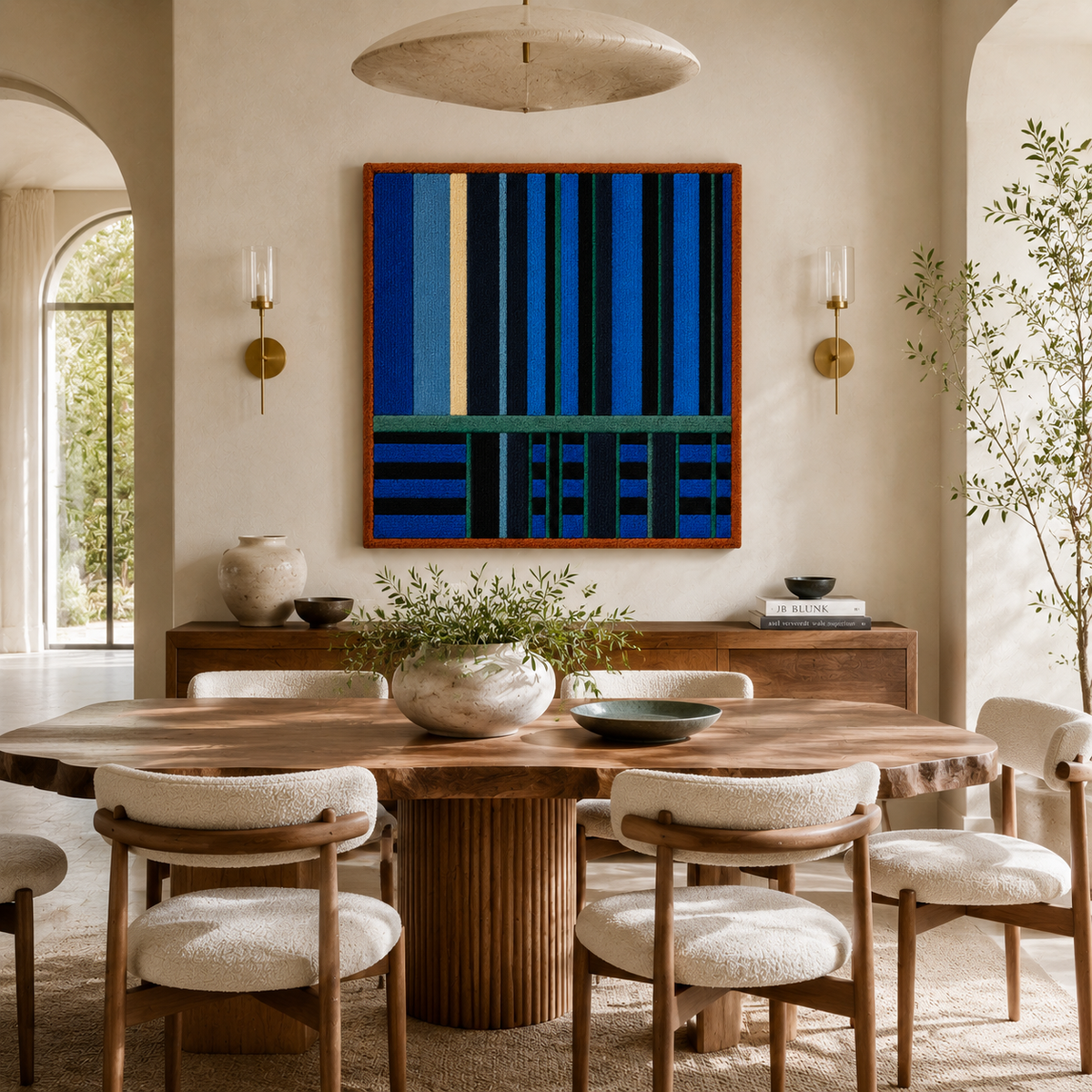 Blue Column Nocturne wall art by Hewn Earth featuring abstract blue and white vertical columns on a textured background.