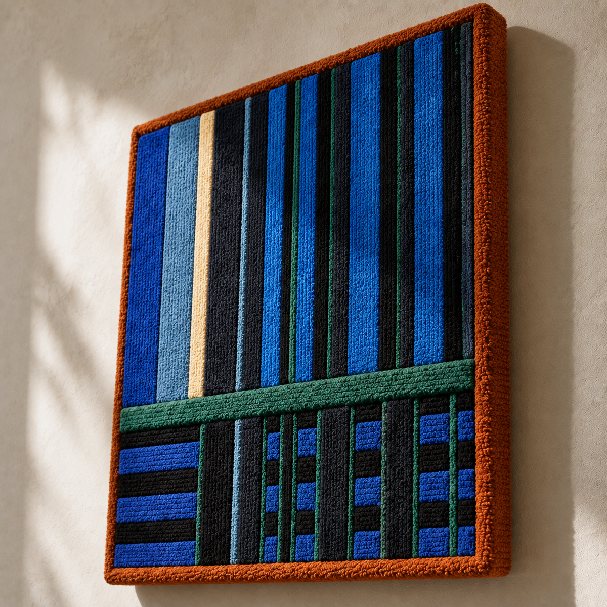 Blue Column Nocturne wall art by Hewn Earth featuring abstract blue and gray vertical stripes on a textured canvas.