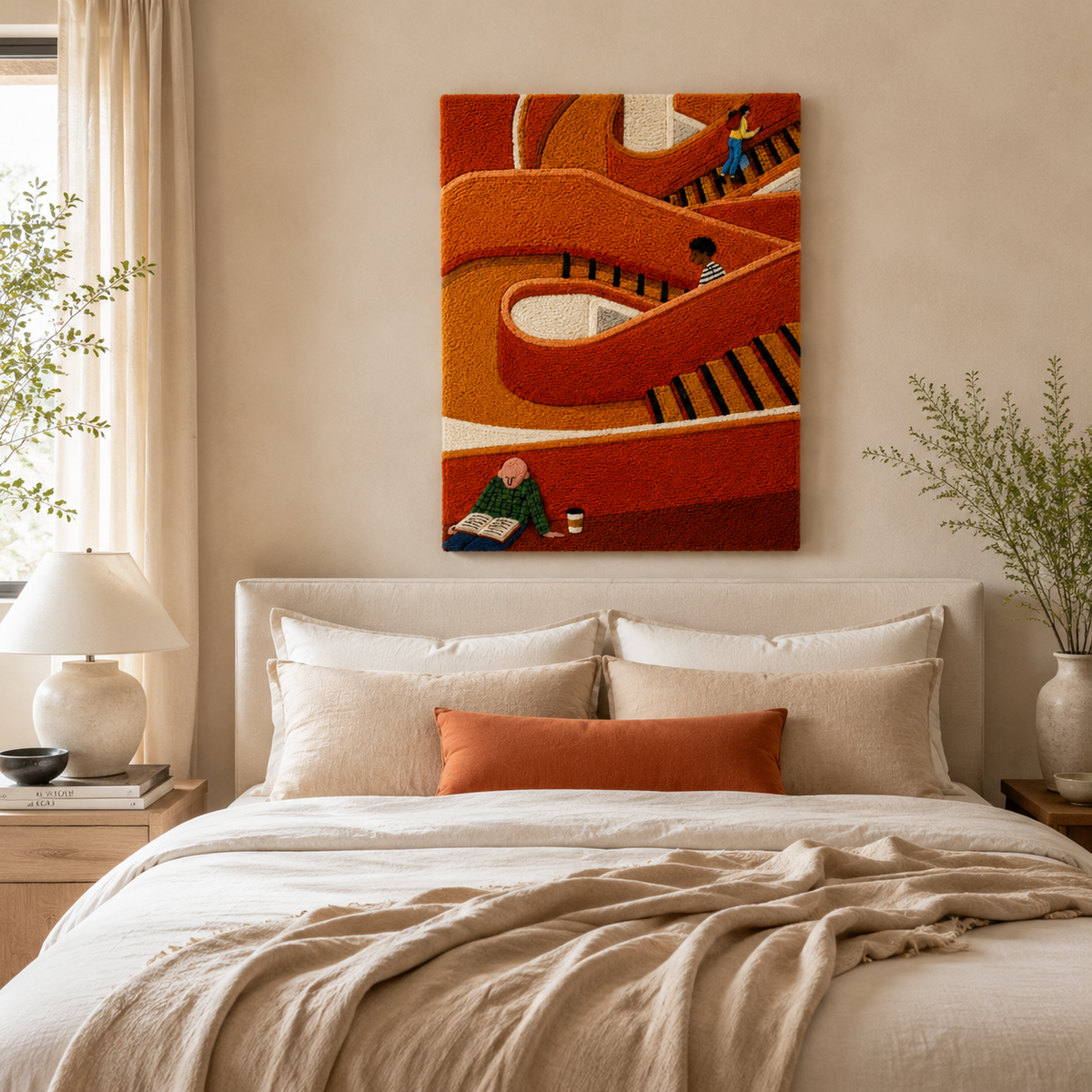 Close-up of Hewn Earth Terracotta Stairways wall art showing textured terracotta material with intricate layered design.